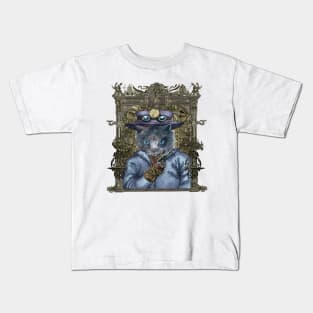 Cat in Blue Leather Jacket with Magical Bracelet in Steampunk Frame Kids T-Shirt